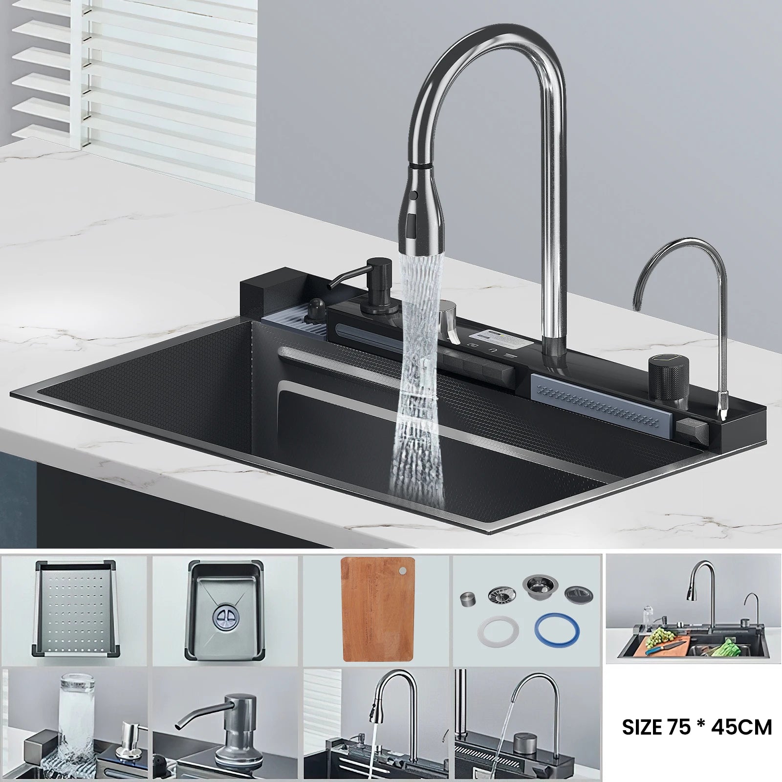 304 Stainless Steel Waterfall Kitchen Sink Large Single Slot Integrated Digital Display Faucet Set Soap Dispenser Cup Washer