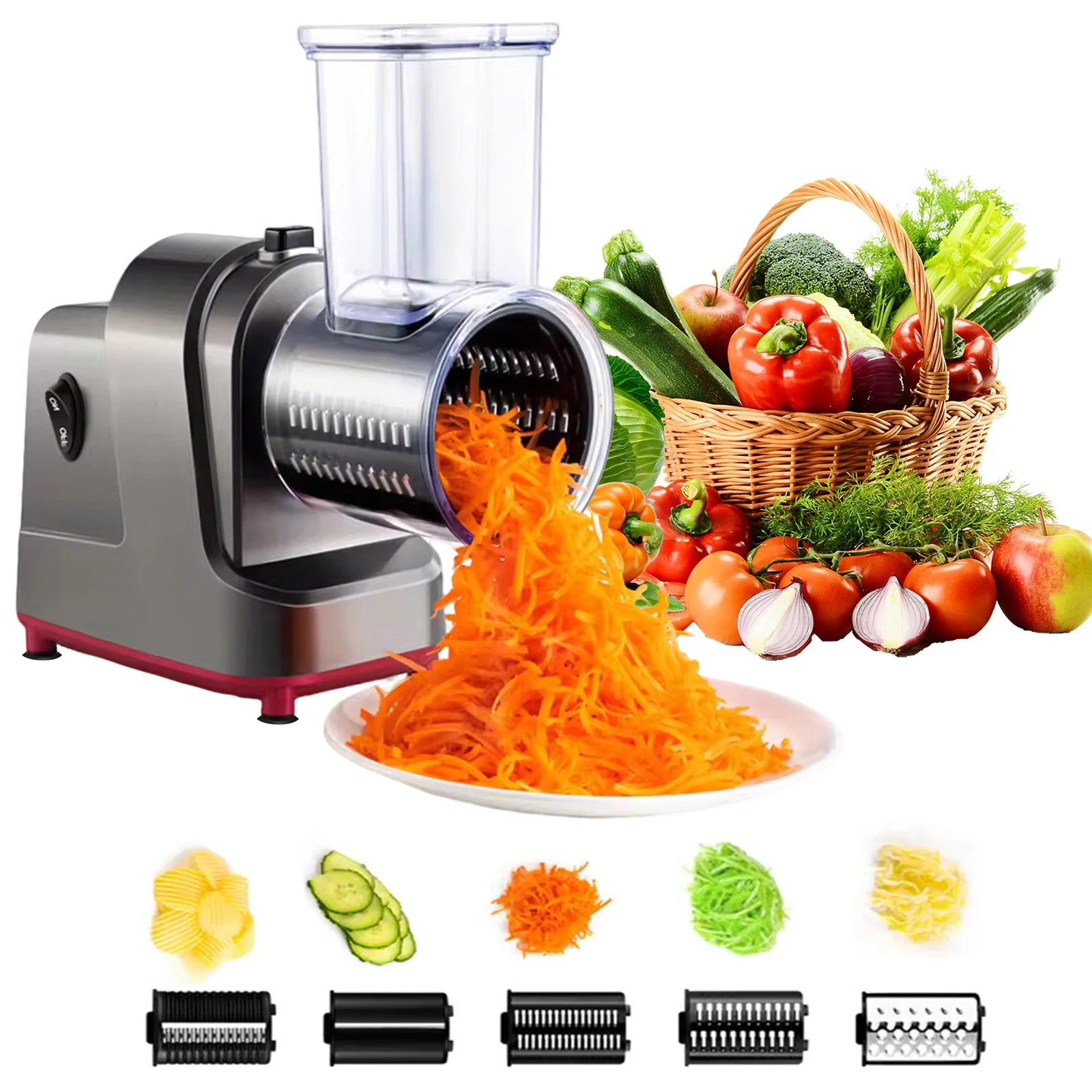 250W Electric Vegetable Slicer Cutter Slicer Shredder Grinder 5in1 Multifunctional Food Processor  for Cheese Nut Fruit Veggies