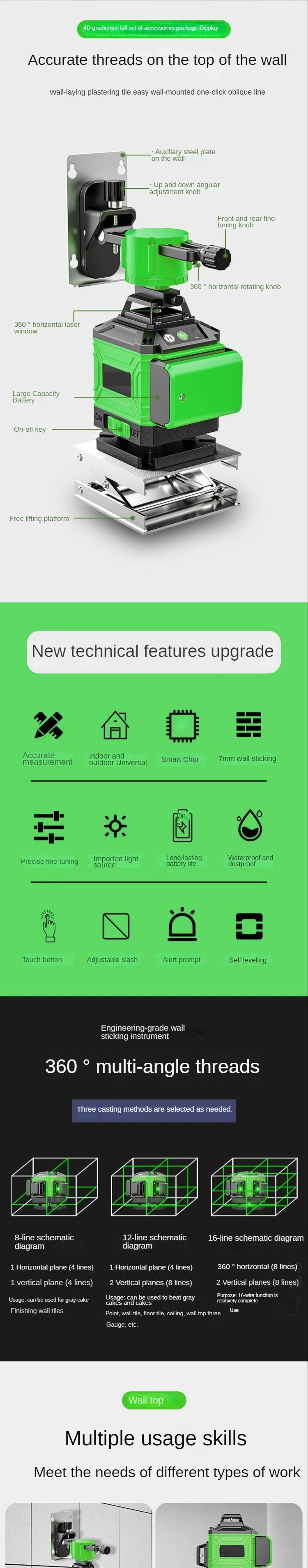 16/12 Lines 4D Laser Level green line SelfLeveling 360 Horizontal And Vertical Super Powerful Laser level green Beam laser level