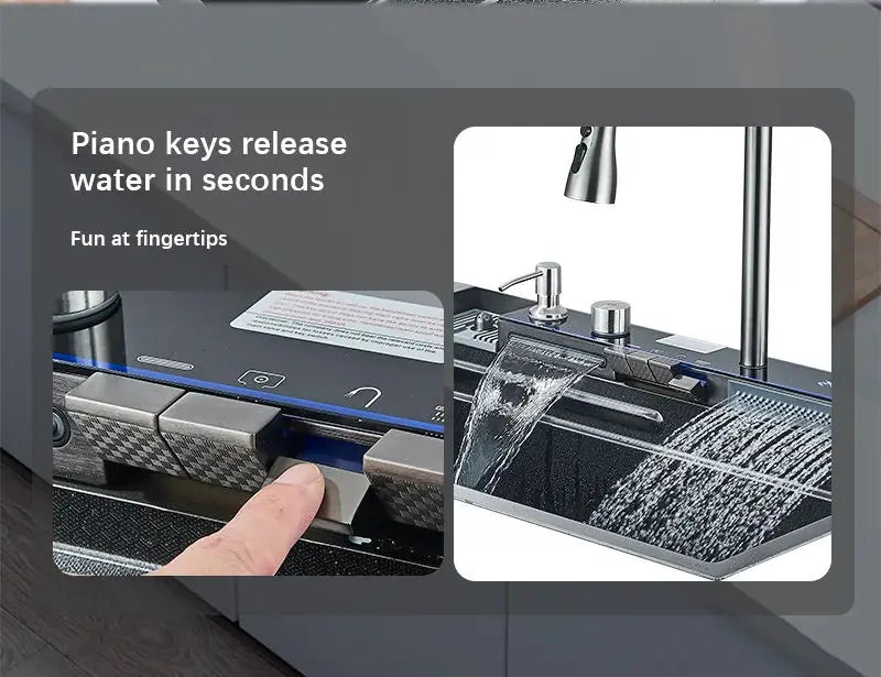 304 Stainless Steel Waterfall Kitchen Sink Large Single Slot Integrated Digital Display Faucet Set Soap Dispenser Cup Washer