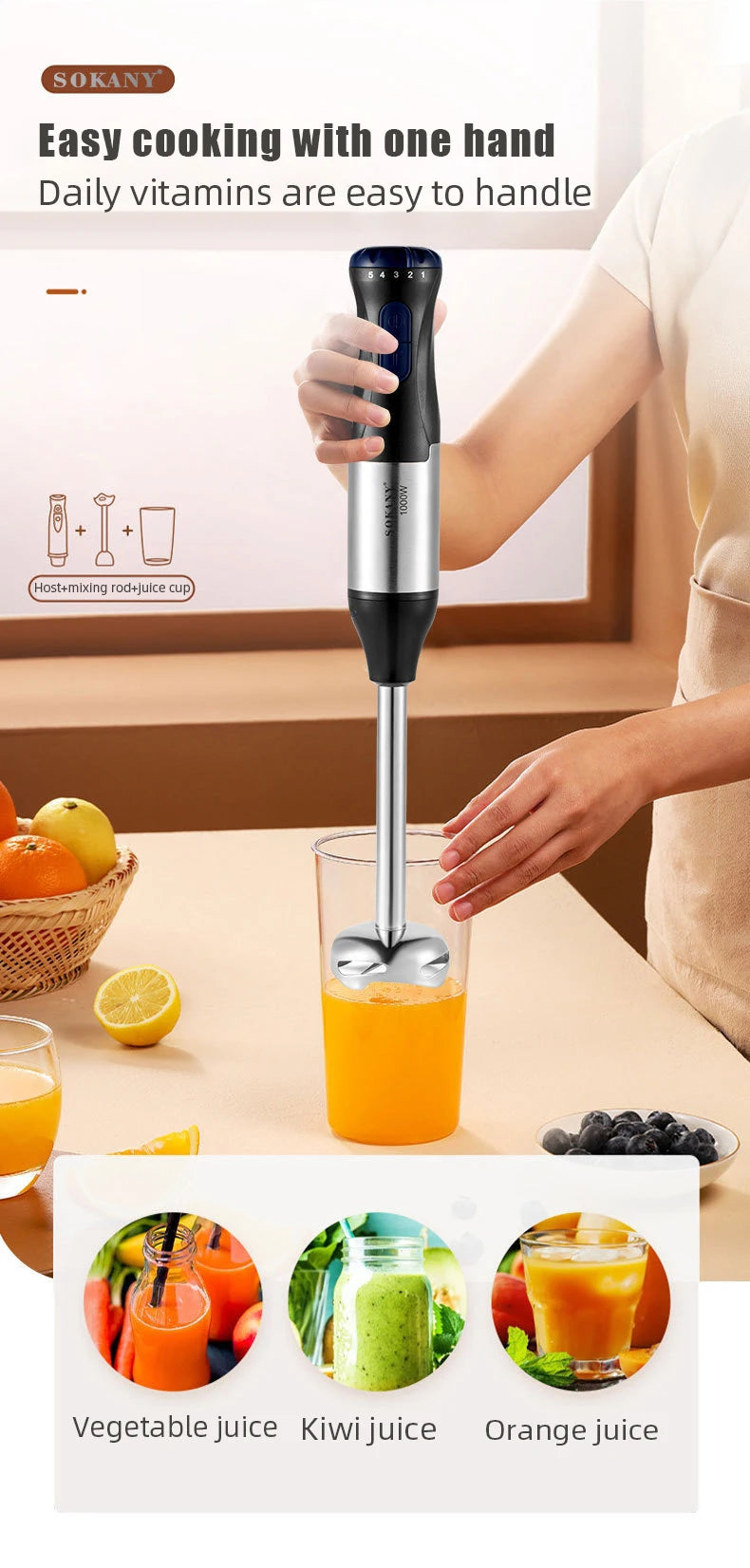 1000W Electric Stick Hand Blender 4 in 1 Handheld Mixer Stainless Steel Blade Vegetable Meat Immersion Egg Whisk Juicer Set