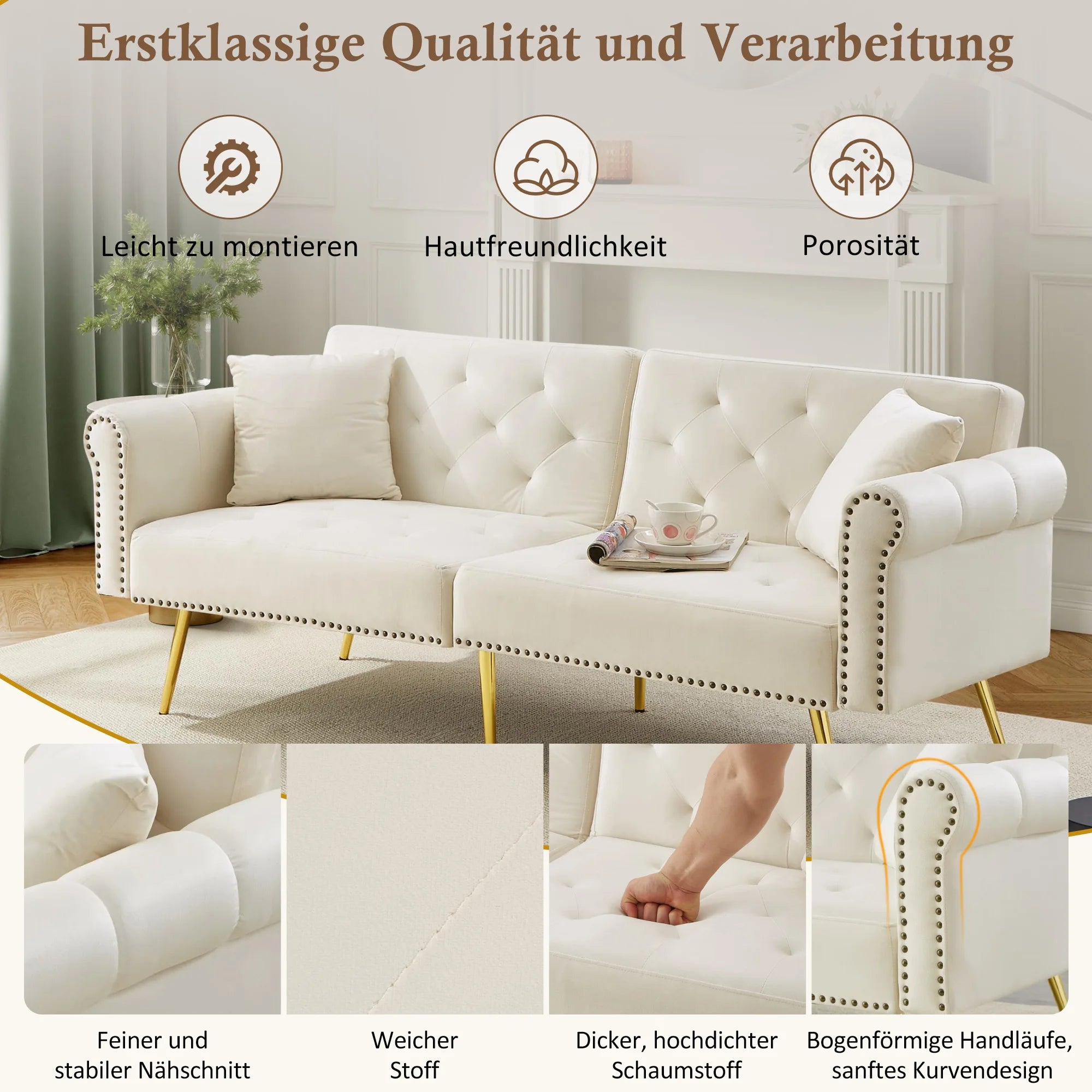 Modernes 2-Sitzer-Schlafsofa MIT Samtbezug, 3-stufiger Rückenlehne, vergoldeten Metallfüßen et Schlaffunktion