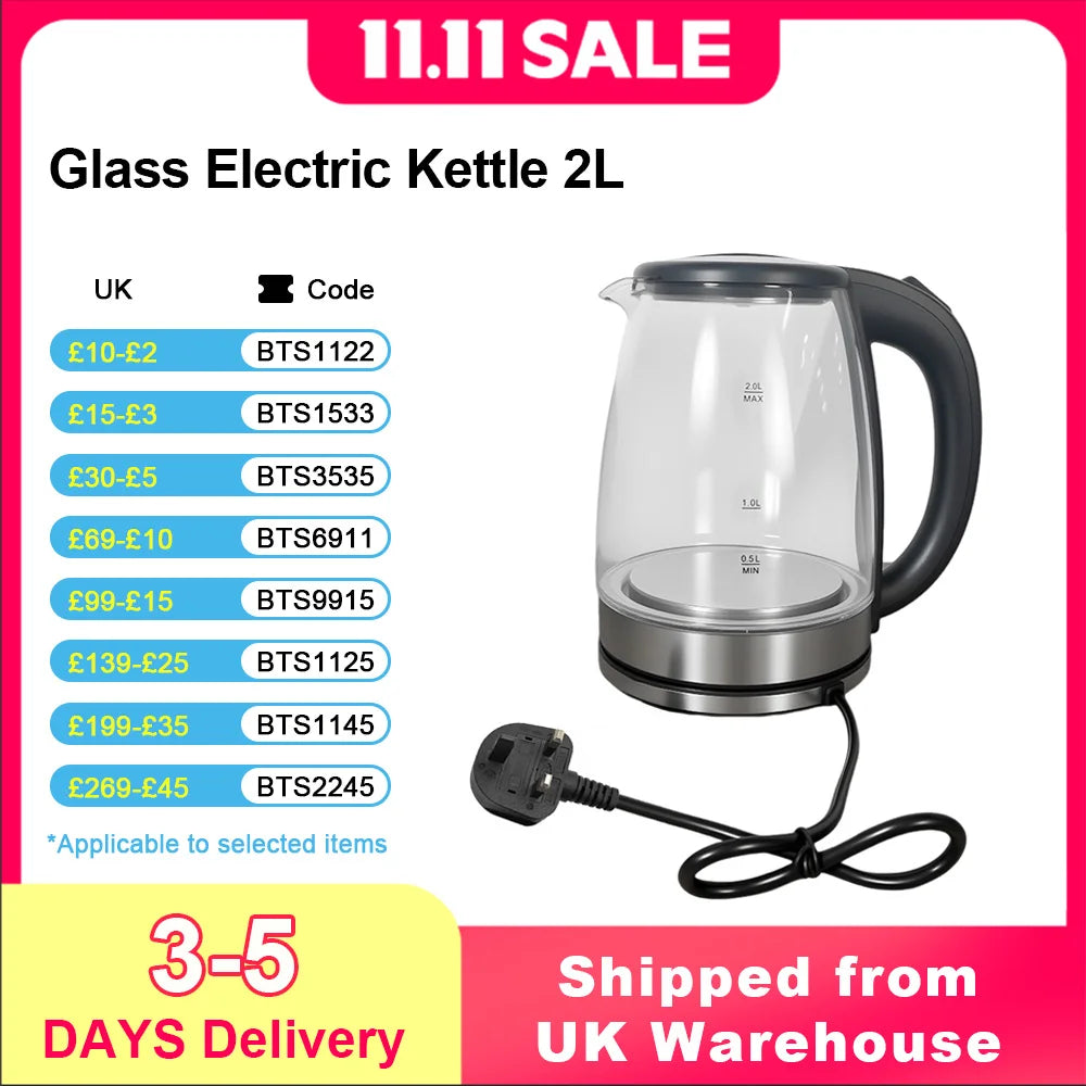 2L Electric Kettle Glass Fast Boil Blue LED household appliance With Stainless Steel Fast Boiling Portable Jug Auto Shut-off