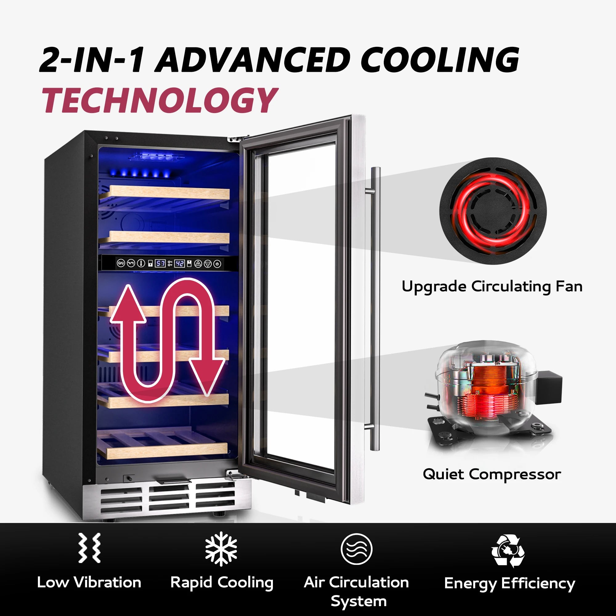 SIMZLIFE 15 Inch Wine Fridge Dual Zone Wine Cooler with Digital Temperature Control with Double Layer Glass Door 33 Bottles
