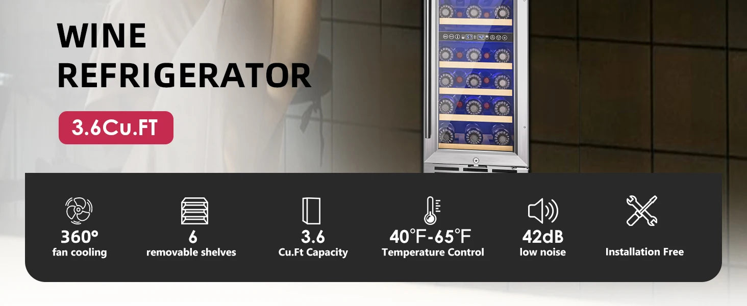 SIMZLIFE 15 Inch Wine Fridge Dual Zone Wine Cooler with Digital Temperature Control with Double Layer Glass Door 33 Bottles