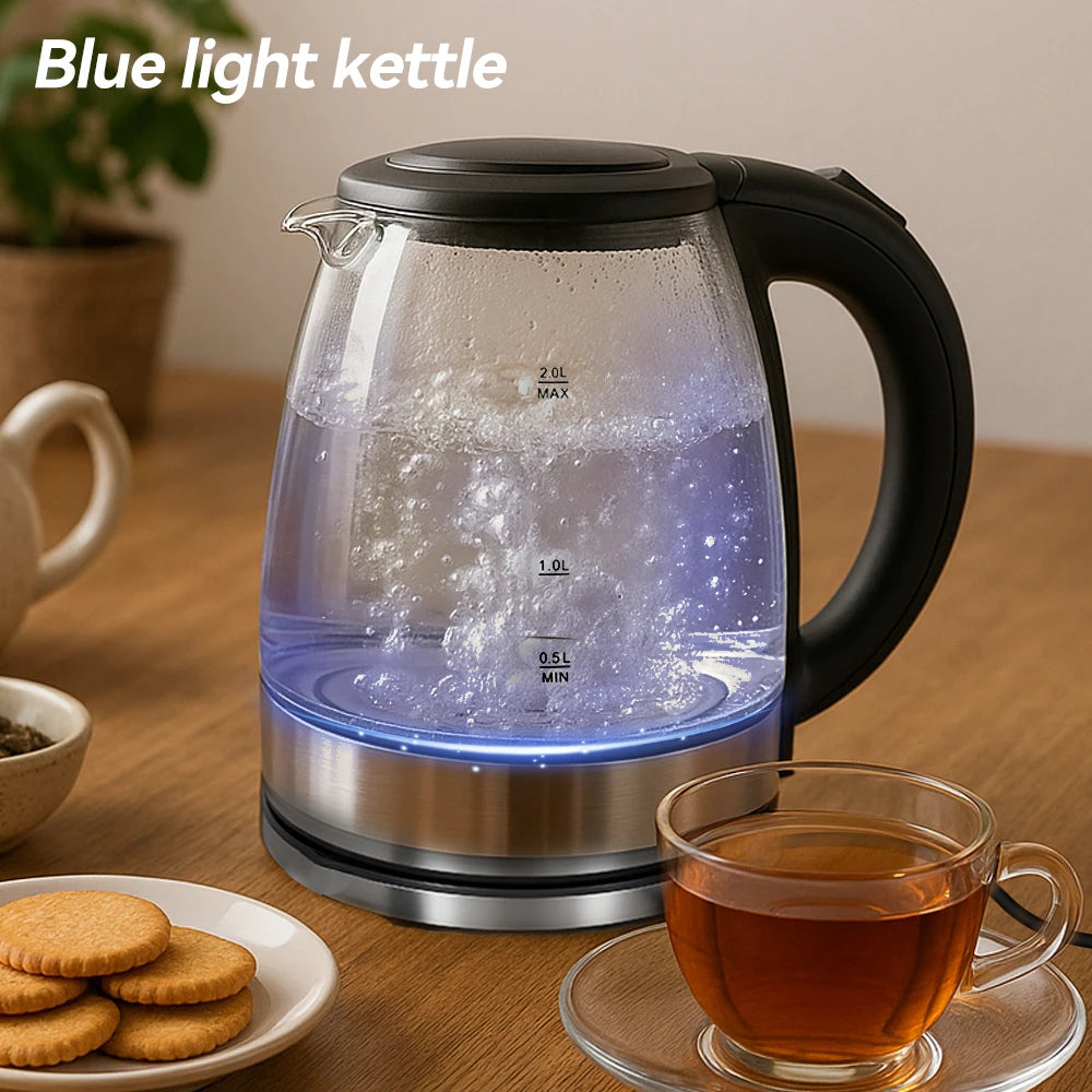2L Electric Kettle Glass Fast Boil Blue LED household appliance With Stainless Steel Fast Boiling Portable Jug Auto Shut-off