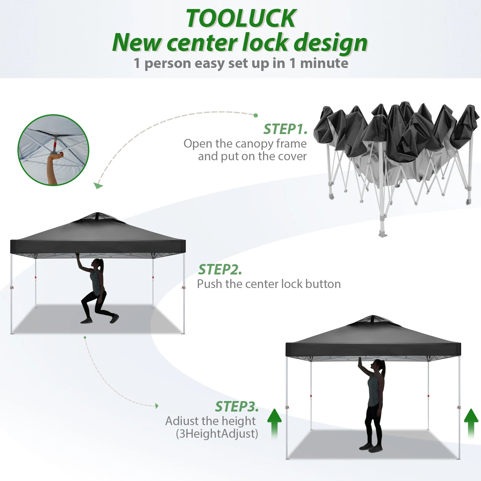 3x3m Gazebo Pop Up Canopy Tent Waterproof Foldable Gazebo Height Adjustable Party Tent For Beach Garden PartyCamping No Sidewall