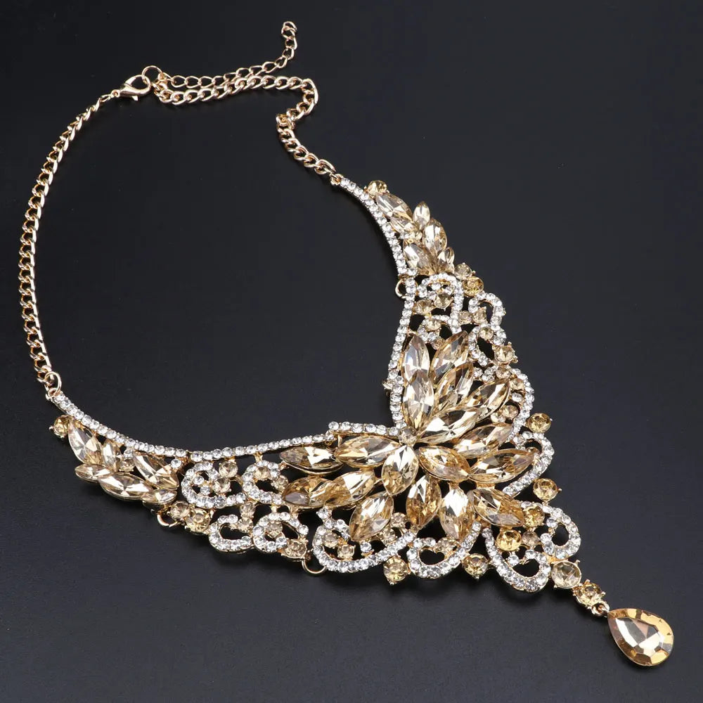 Women Bridal Crystal Rhinestone Choker Statement Gold Color Necklace Earrings Jewelry Set Gifts Fit With Wedding Party Dress