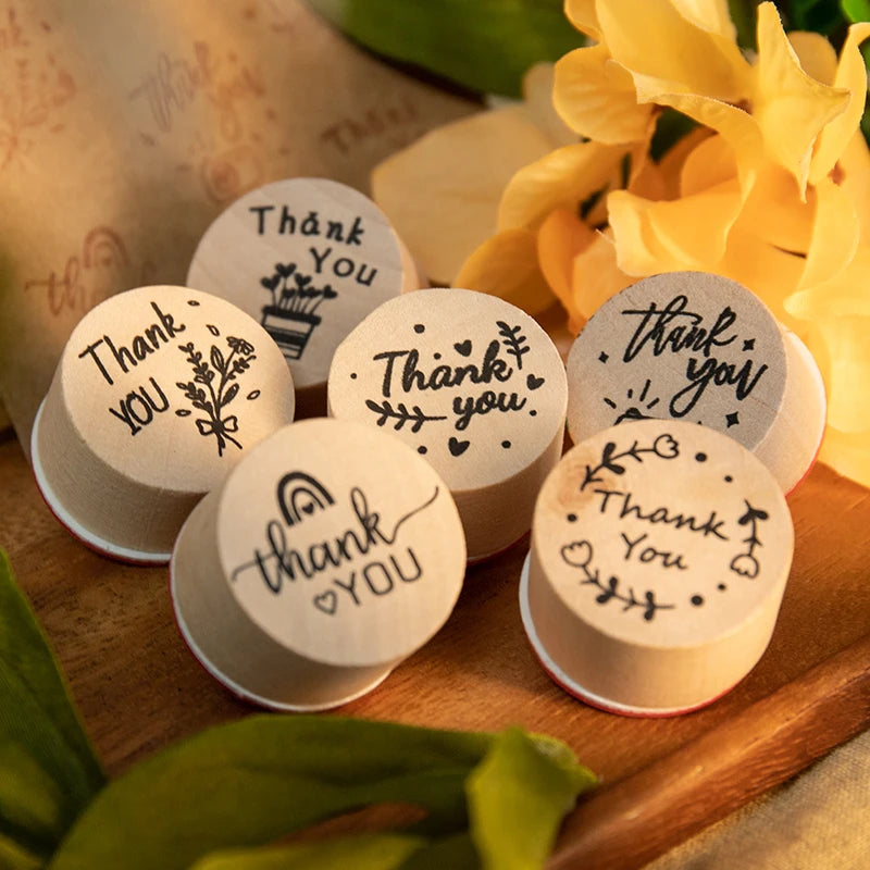 6pcs Thank You Wood Rubber Stamps Round Wooden Stamp DIY Craft Scrapbooking Stamping Birthday Party Christmas Wedding Decoration