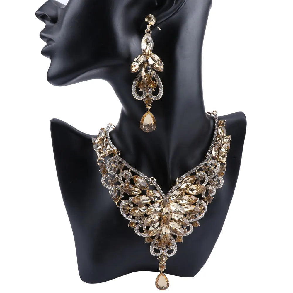 Women Bridal Crystal Rhinestone Choker Statement Gold Color Necklace Earrings Jewelry Set Gifts Fit With Wedding Party Dress