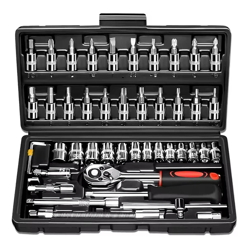 46pcs 1/4 Inch Drive Socket Ratchet Wrench Set Metric Extension Bar Auto Repairing Household Bit Socket Set Combination Tool