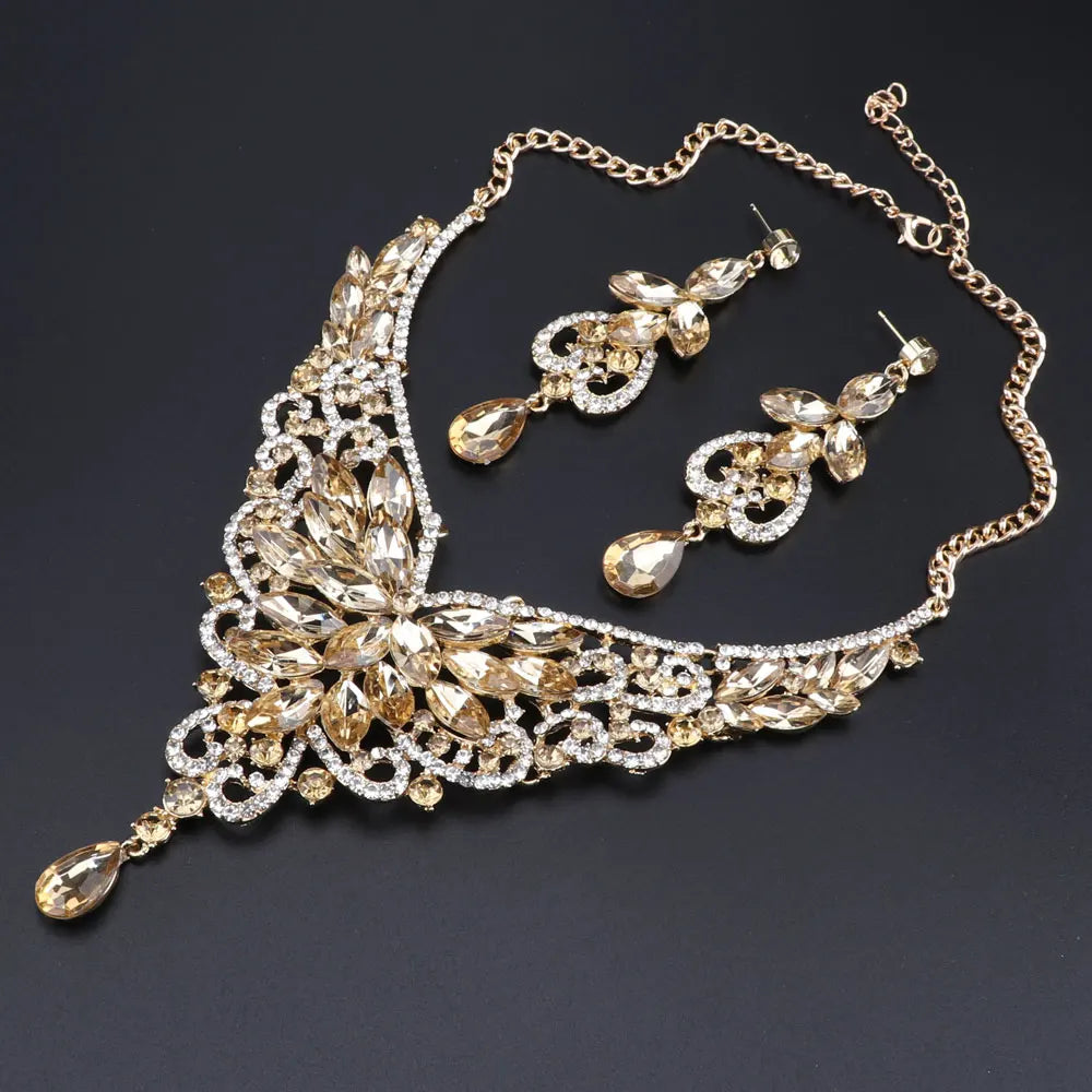 Women Bridal Crystal Rhinestone Choker Statement Gold Color Necklace Earrings Jewelry Set Gifts Fit With Wedding Party Dress