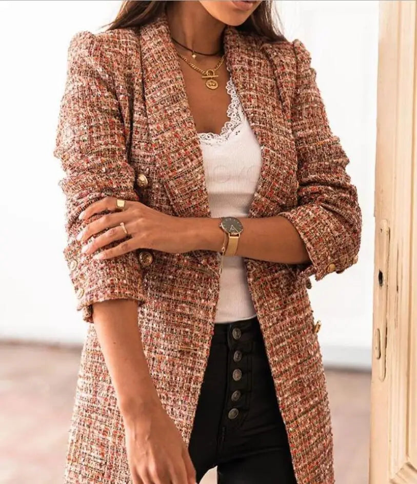 Casual Thin Suit Lady Long-sleeved Blazer Double-breasted Check Blazer Slim Fit Office Lady Elegant Chic Jacket Coat