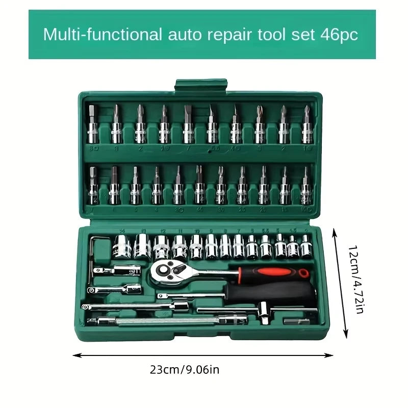 46pcs 1/4 Inch Drive Socket Ratchet Wrench Set Metric Extension Bar Auto Repairing Household Bit Socket Set Combination Tool
