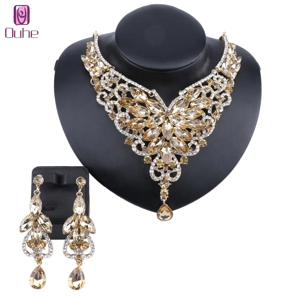 Women Bridal Crystal Rhinestone Choker Statement Gold Color Necklace Earrings Jewelry Set Gifts Fit With Wedding Party Dress