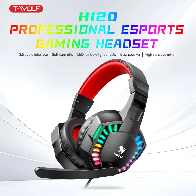 T-WOLF H120 Wired Gaming Headphones RGB Headset On-ear Headphones E-sport Professinal Headset for Gamer Desktop Pc
