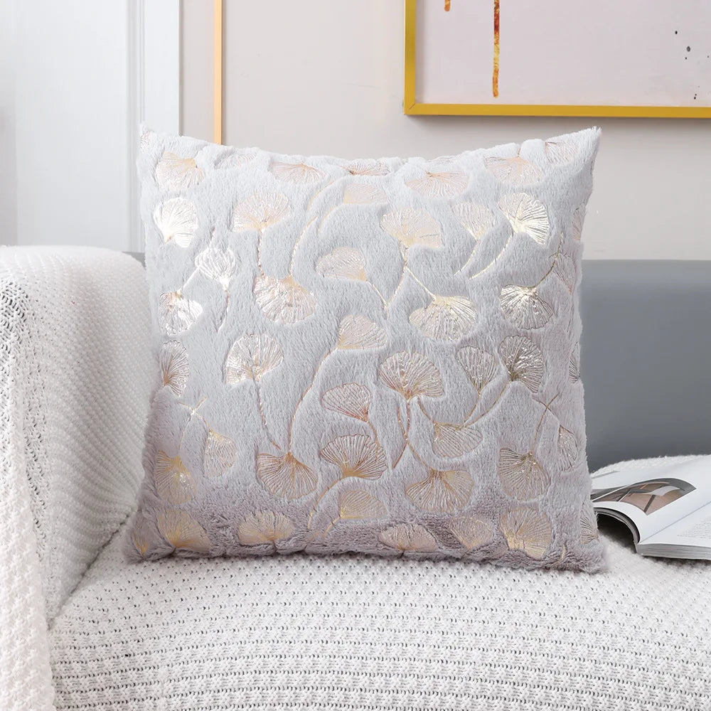 Golden Printed Ginkgo Leaf Pillow Cover 45*45cm 30*50cm Decorative Pillowcase for Living Room Luxury Plush Fur Cushion Covers