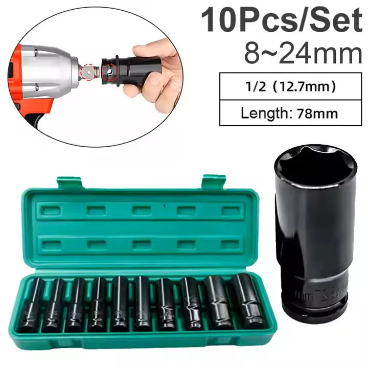 10pcs 11pcs 1/2 Inch Drive CR-V Deep Hex Impact Socket Set 8-24mm Box Combination Tool