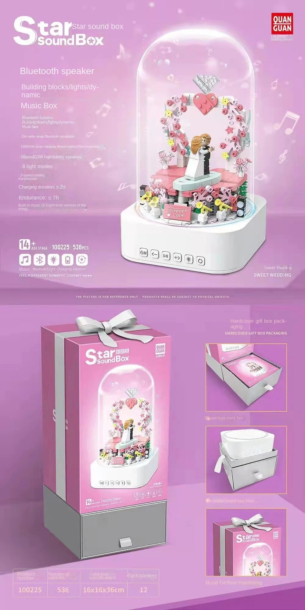 Sweet Wedding Bluetooth Music Box Building Blocks 100225 Full Crown Electric Light Assembled Children's Toy Gift Made of Plastic