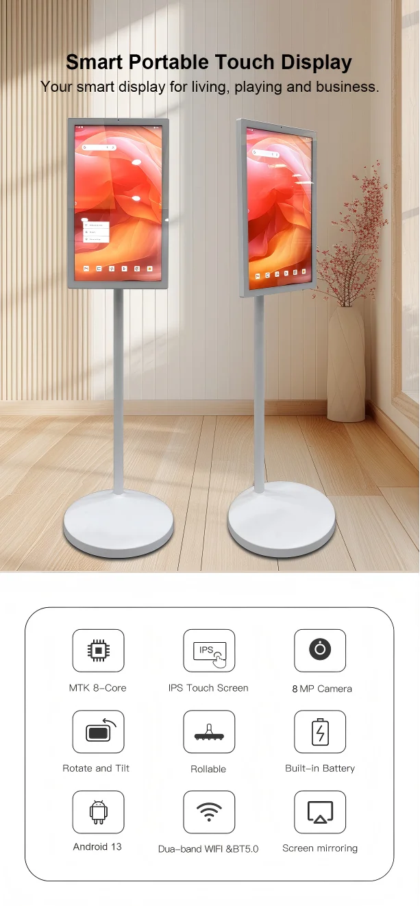 21.5 Inch LED Backlit LCD Touch Screen Portable Android 13 Smart TV for Indoor Advertising Mobile Floor Standing Digital Signage