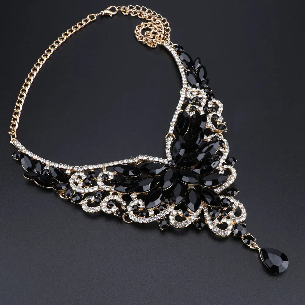 Women Bridal Crystal Rhinestone Choker Statement Gold Color Necklace Earrings Jewelry Set Gifts Fit With Wedding Party Dress