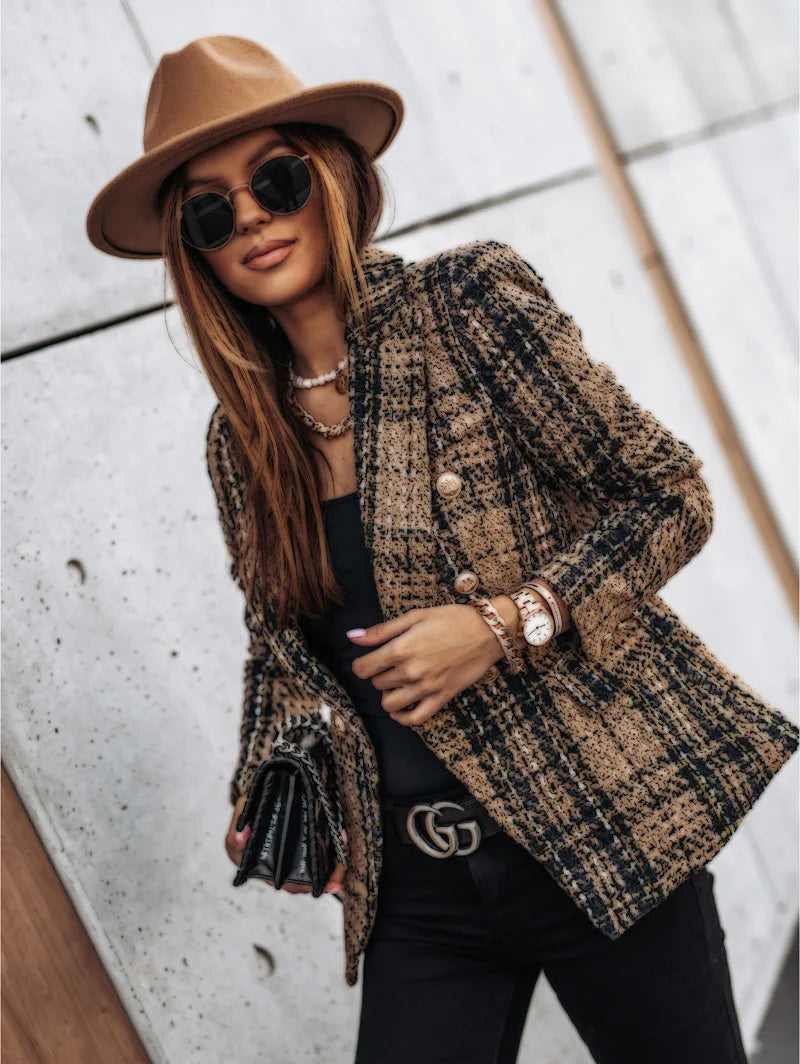 Casual Thin Suit Lady Long-sleeved Blazer Double-breasted Check Blazer Slim Fit Office Lady Elegant Chic Jacket Coat
