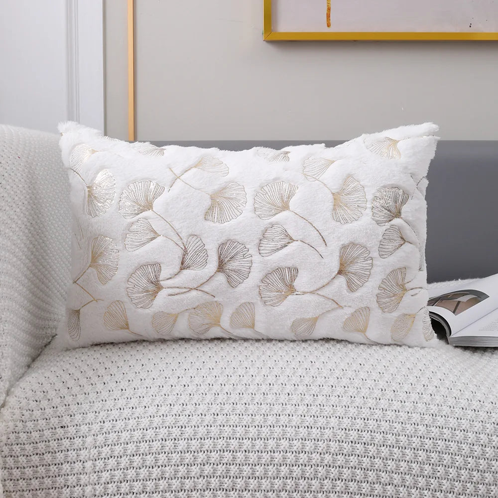 Golden Printed Ginkgo Leaf Pillow Cover 45*45cm 30*50cm Decorative Pillowcase for Living Room Luxury Plush Fur Cushion Covers