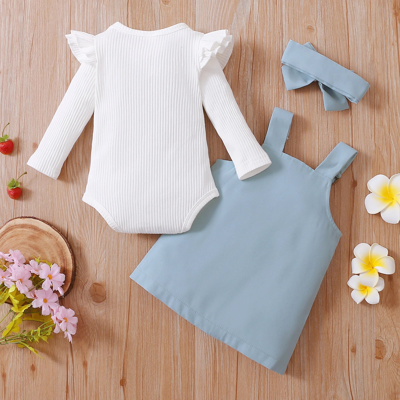 2021-06-19 Lioraitiin 0-18M Infant Baby Girl 2Pcs Autumn Clothing Long Sleeve Solid Romper Top Suspender Skirt 2Colors