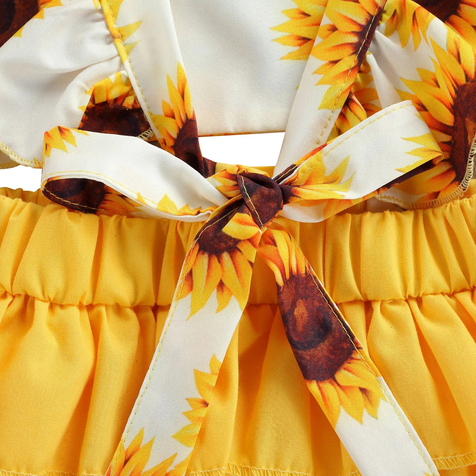 Kids Bodysuit with Headband, Sunflower Print Square Collar Fly Sleeve Hollow Out Romper+ Hairband, 0-24 Months