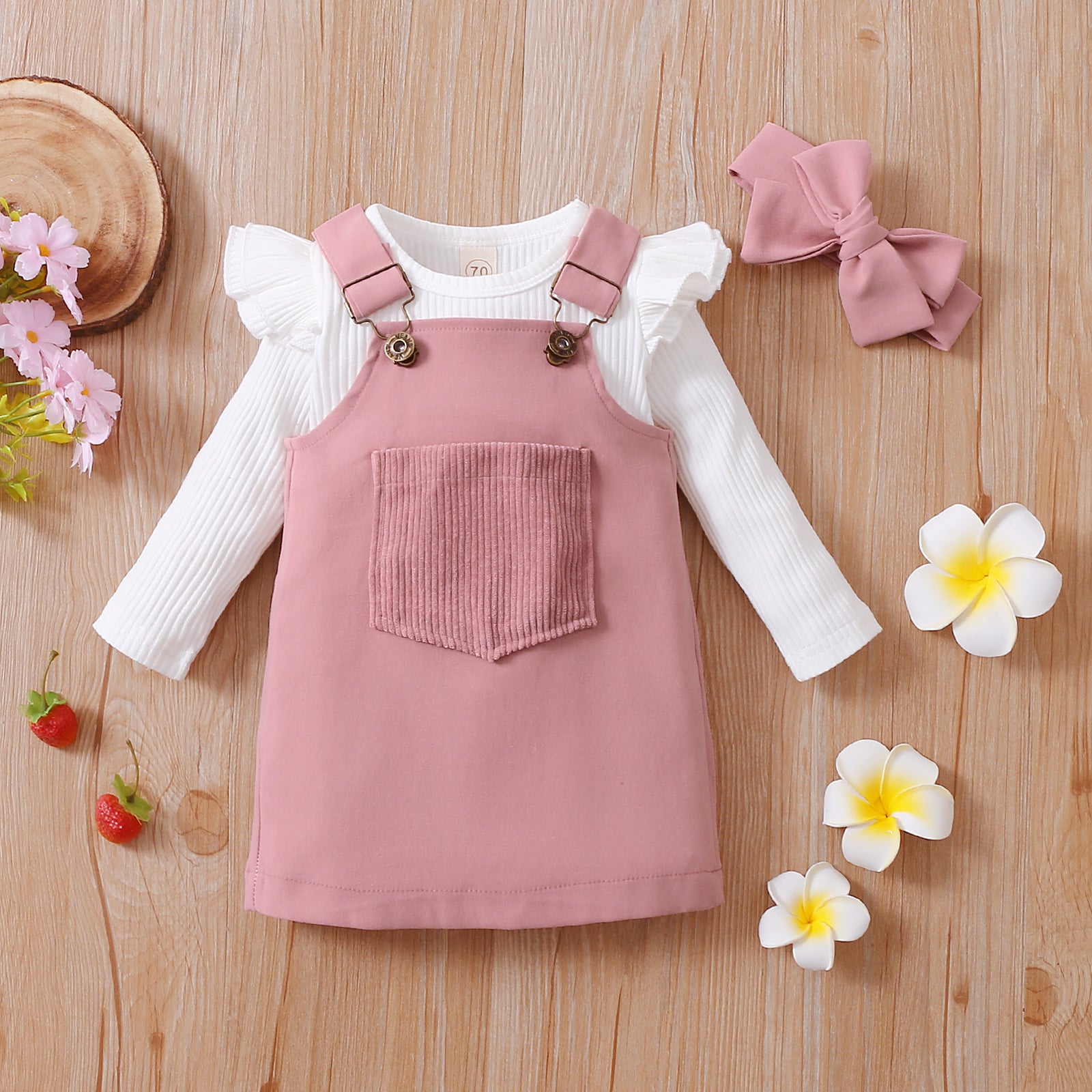 2021-06-19 Lioraitiin 0-18M Infant Baby Girl 2Pcs Autumn Clothing Long Sleeve Solid Romper Top Suspender Skirt 2Colors