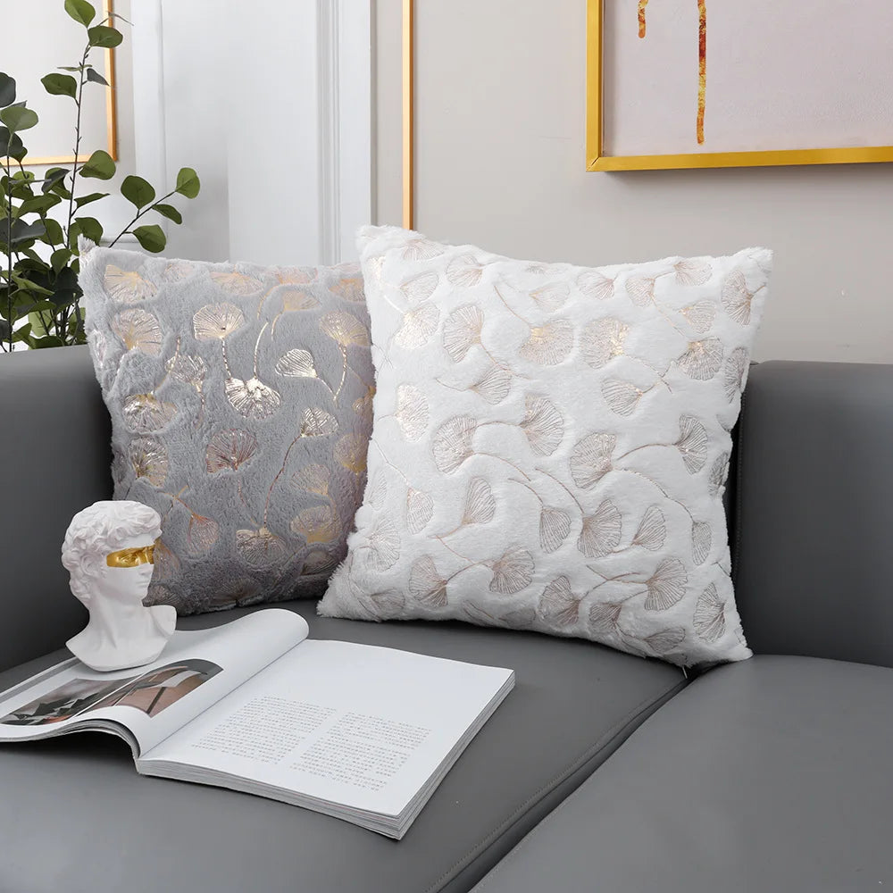 Golden Printed Ginkgo Leaf Pillow Cover 45*45cm 30*50cm Decorative Pillowcase for Living Room Luxury Plush Fur Cushion Covers