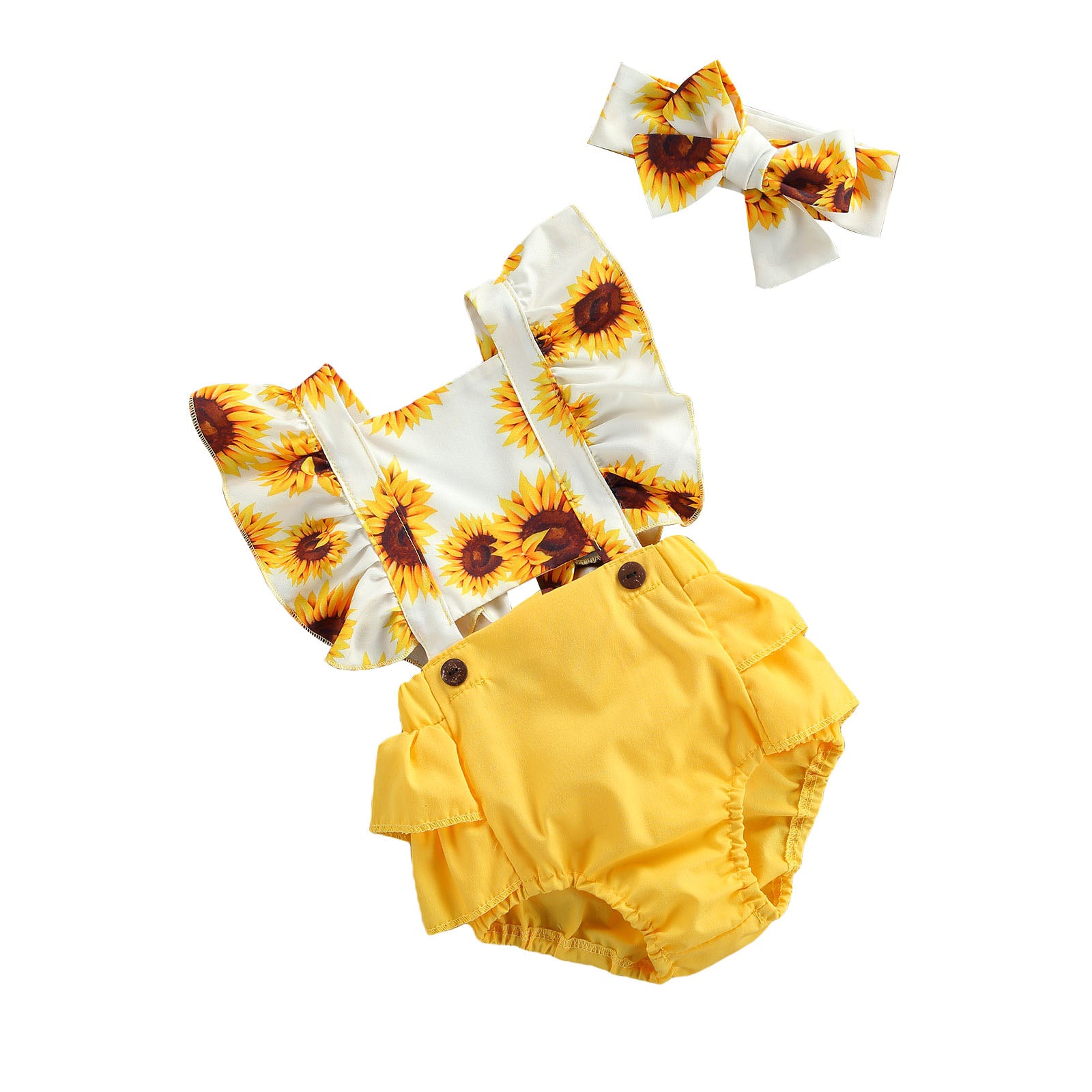 Kids Bodysuit with Headband, Sunflower Print Square Collar Fly Sleeve Hollow Out Romper+ Hairband, 0-24 Months