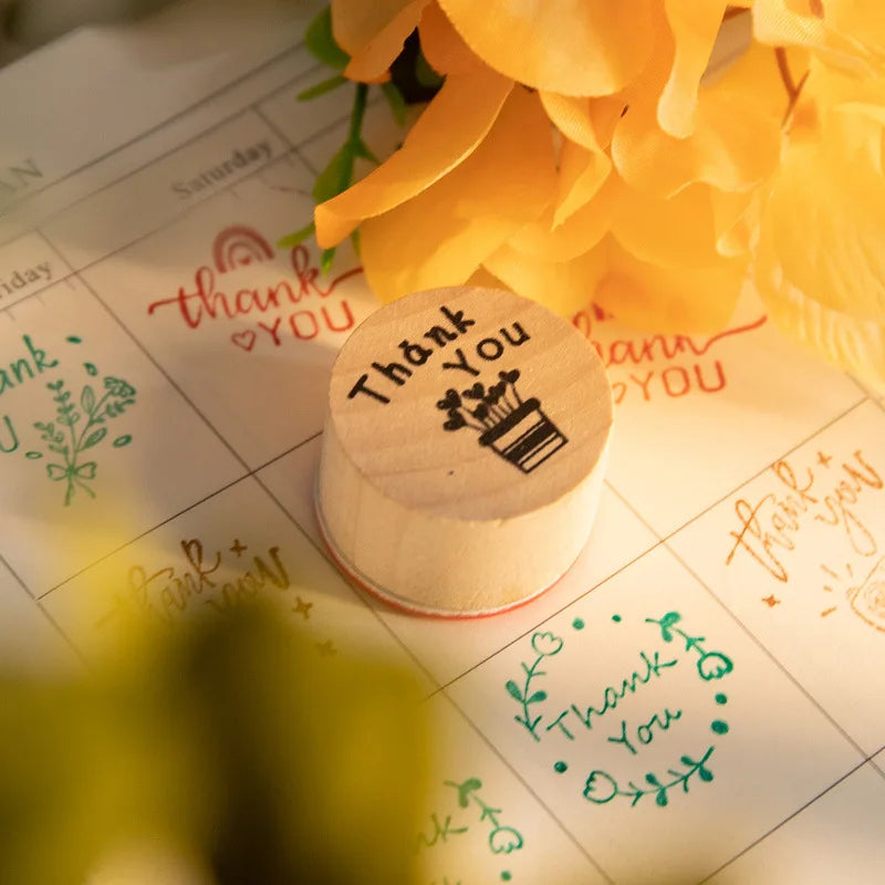 6pcs Thank You Wood Rubber Stamps Round Wooden Stamp DIY Craft Scrapbooking Stamping Birthday Party Christmas Wedding Decoration