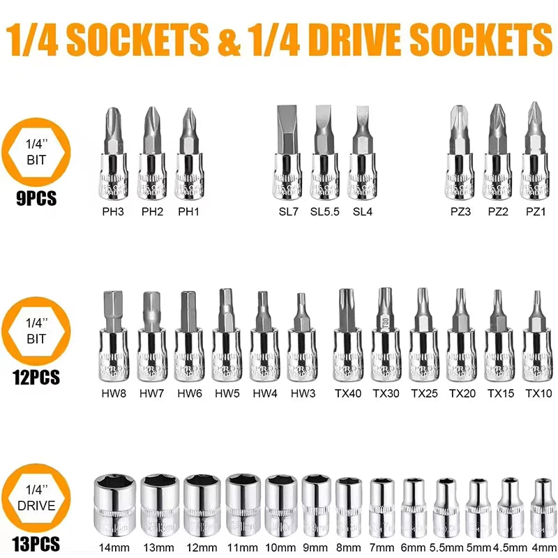 46pcs 1/4 Inch Drive Socket Ratchet Wrench Set Metric Extension Bar Auto Repairing Household Bit Socket Set Combination Tool
