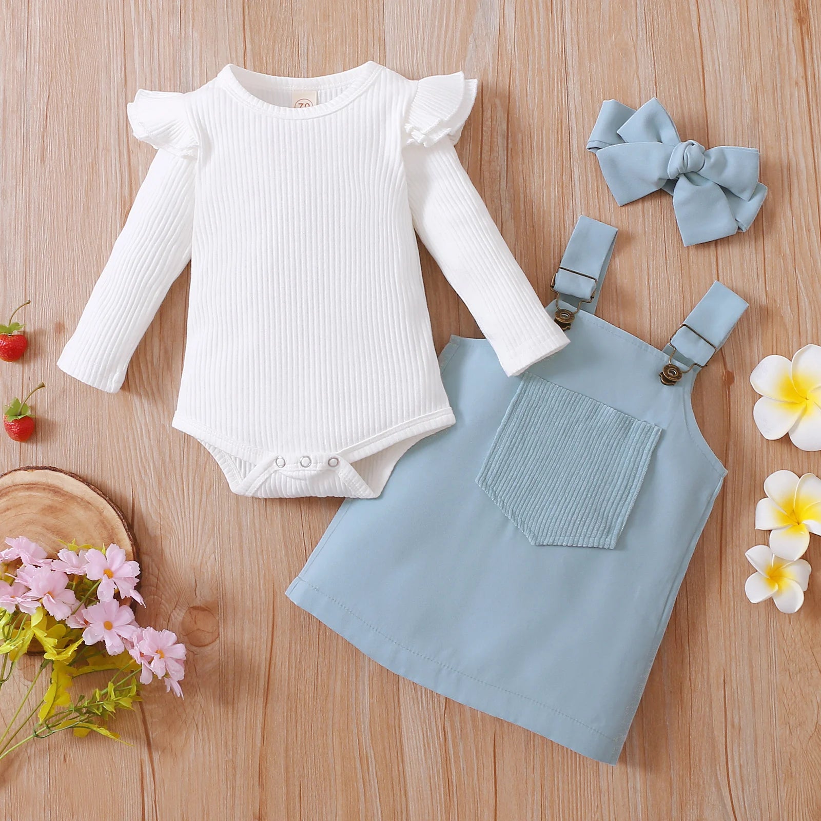 2021-06-19 Lioraitiin 0-18M Infant Baby Girl 2Pcs Autumn Clothing Long Sleeve Solid Romper Top Suspender Skirt 2Colors
