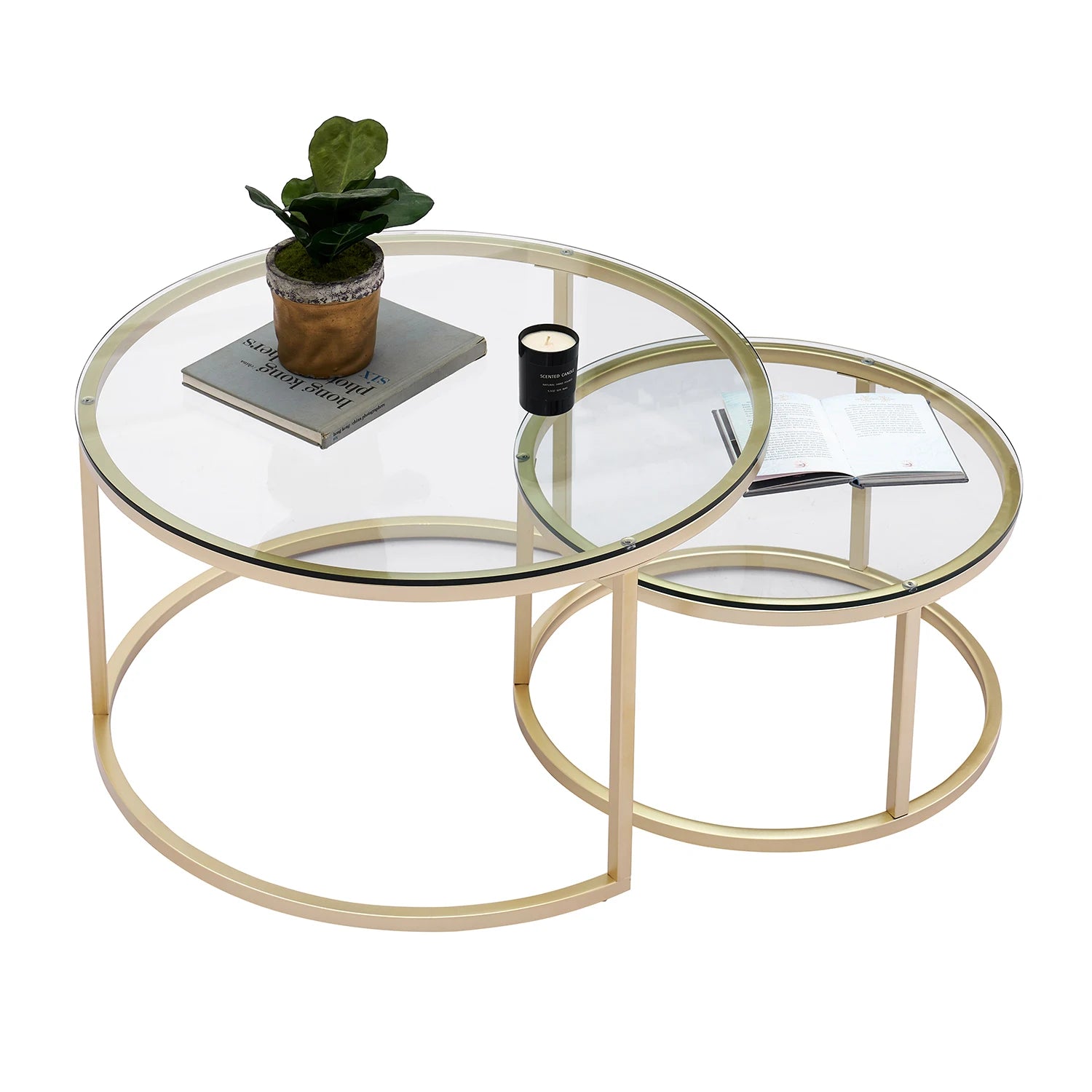 EGOONM 2 en 1 Table basse en fer mode petit appartement salon Table basse verre trempé rond canapé Table basse d'appoint