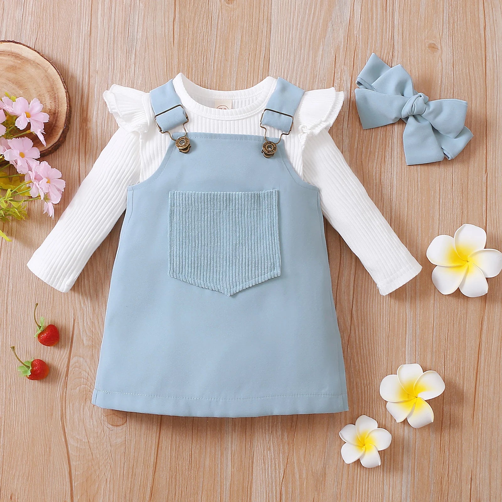 2021-06-19 Lioraitiin 0-18M Infant Baby Girl 2Pcs Autumn Clothing Long Sleeve Solid Romper Top Suspender Skirt 2Colors