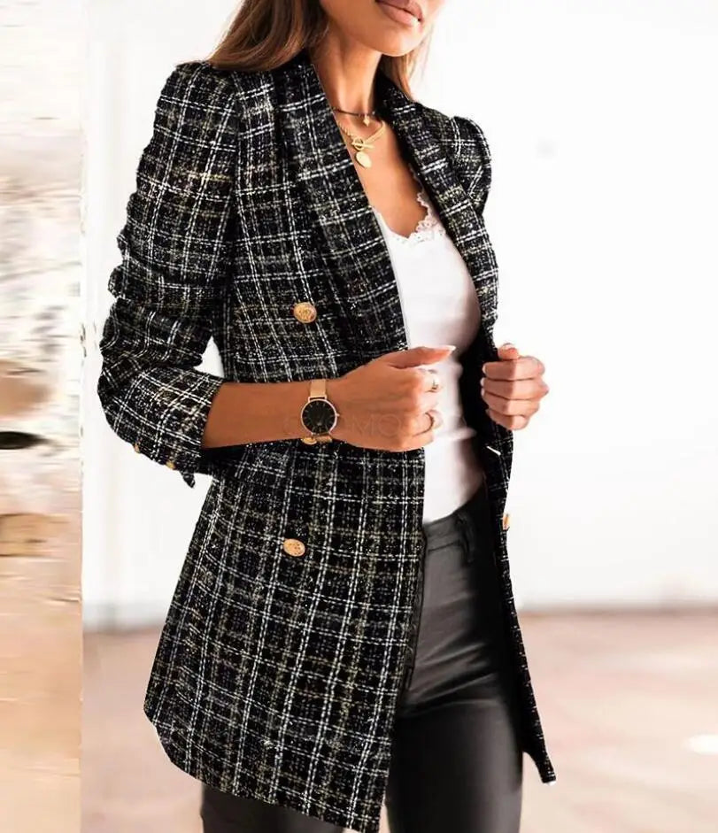 Casual Thin Suit Lady Long-sleeved Blazer Double-breasted Check Blazer Slim Fit Office Lady Elegant Chic Jacket Coat