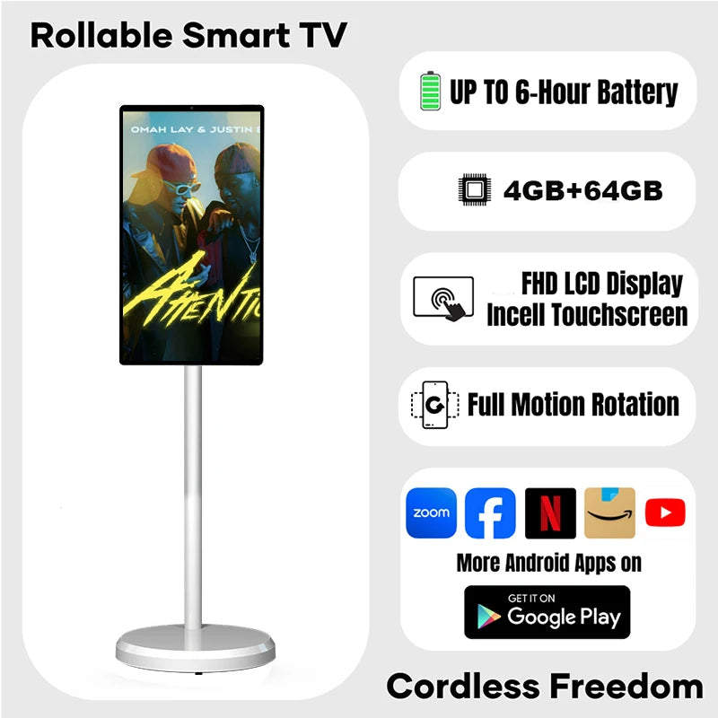 21.5 Inch 4+64GB OLED TV Mini Smart Android Televisor on Wheels Movable Charging Built-In Battery Interactive LED Portable  TV