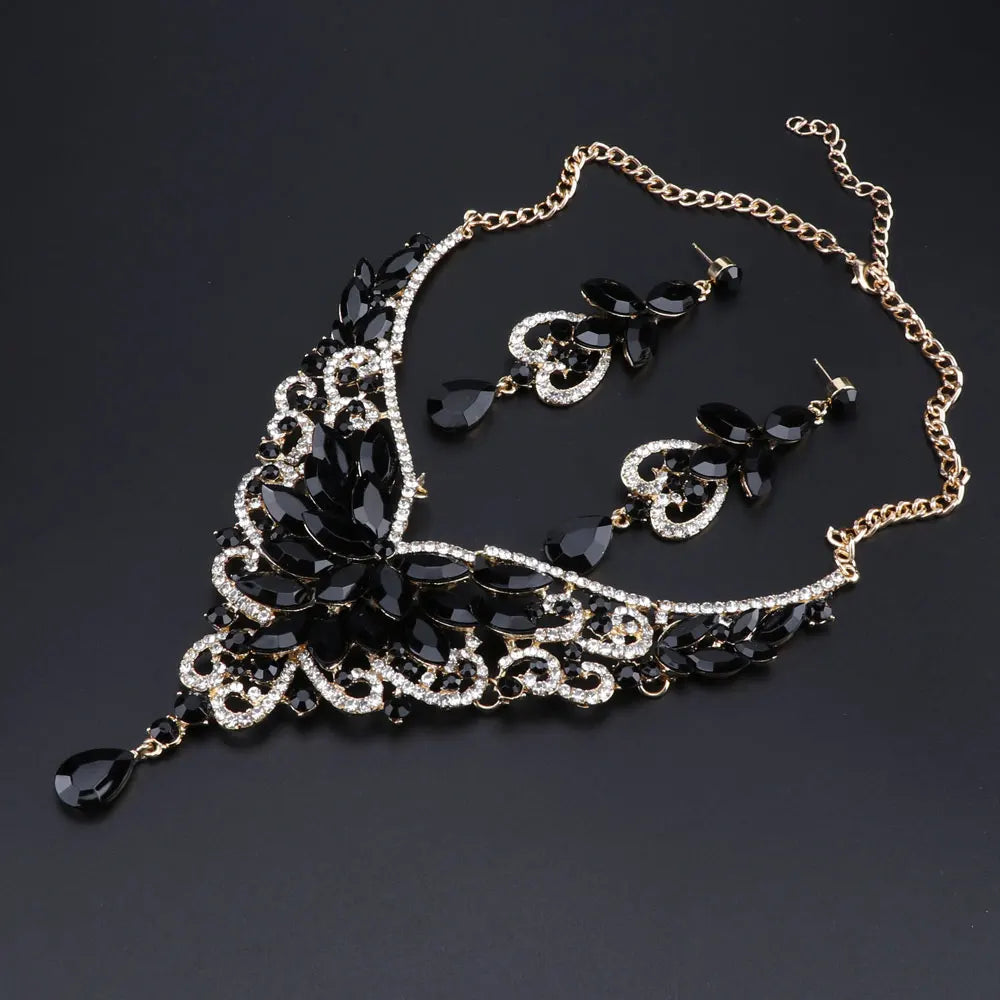 Women Bridal Crystal Rhinestone Choker Statement Gold Color Necklace Earrings Jewelry Set Gifts Fit With Wedding Party Dress