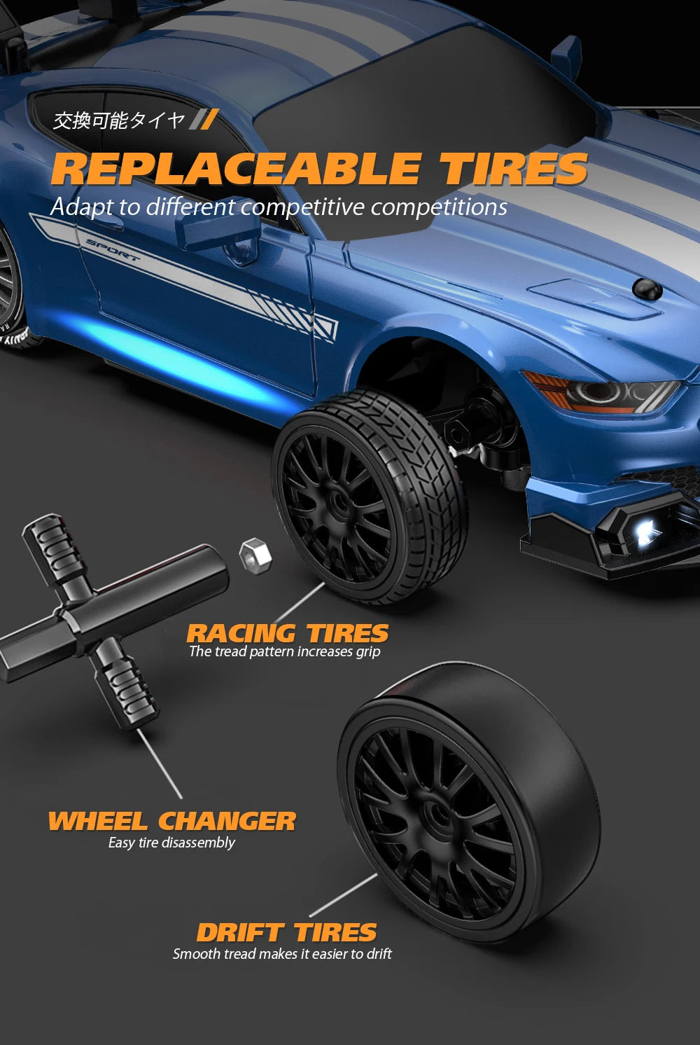 Semi-Proportional Control 1/24 Adjustable Light Drift Racing Metal Car Outdoor Toys with Battery Protection Charger