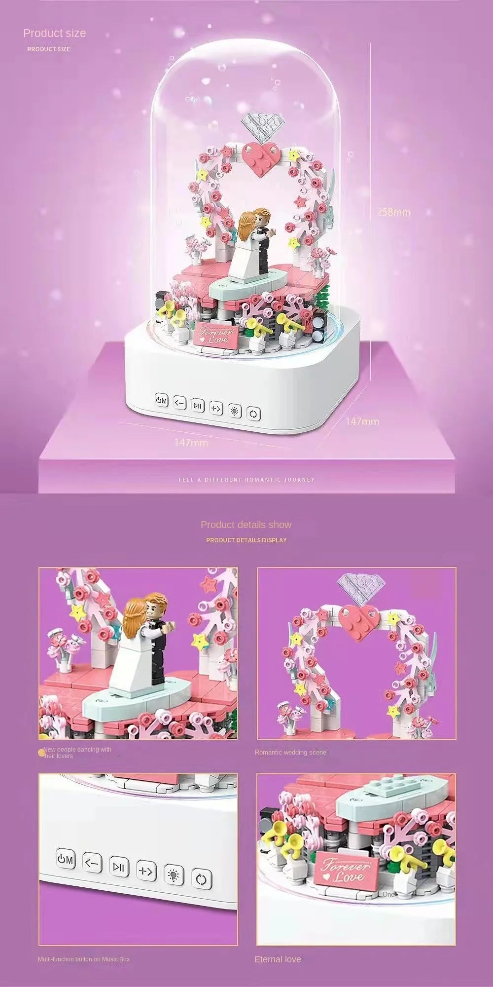 Sweet Wedding Bluetooth Music Box Building Blocks 100225 Full Crown Electric Light Assembled Children's Toy Gift Made of Plastic