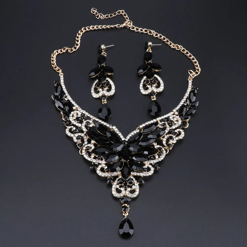 Women Bridal Crystal Rhinestone Choker Statement Gold Color Necklace Earrings Jewelry Set Gifts Fit With Wedding Party Dress