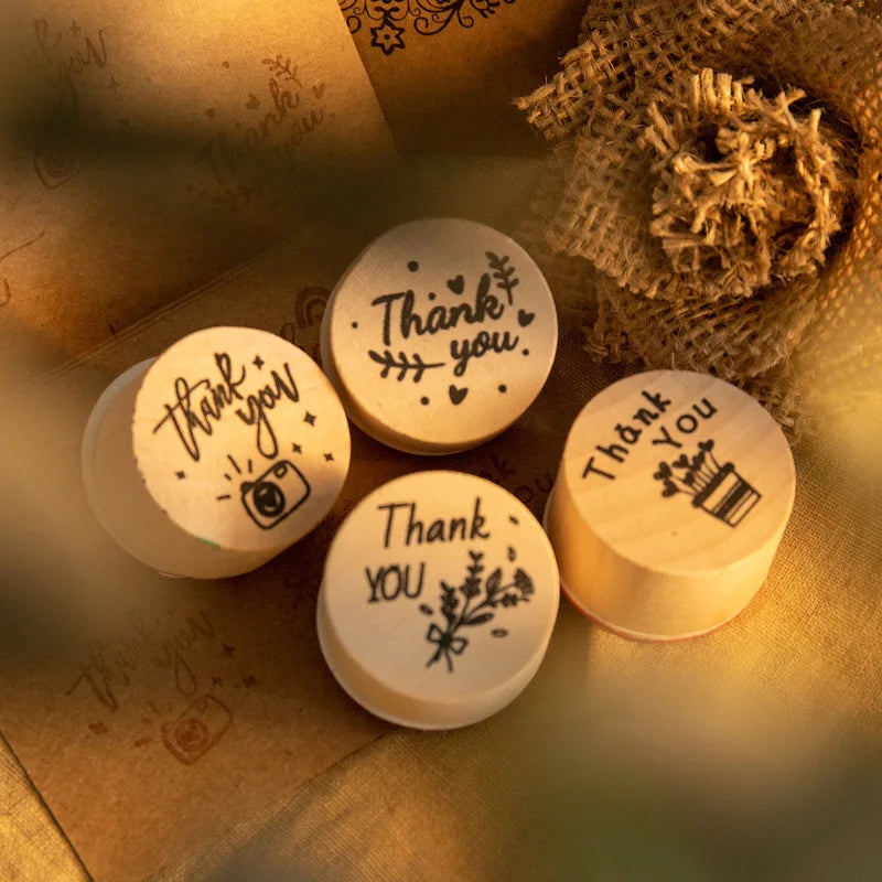 6pcs Thank You Wood Rubber Stamps Round Wooden Stamp DIY Craft Scrapbooking Stamping Birthday Party Christmas Wedding Decoration