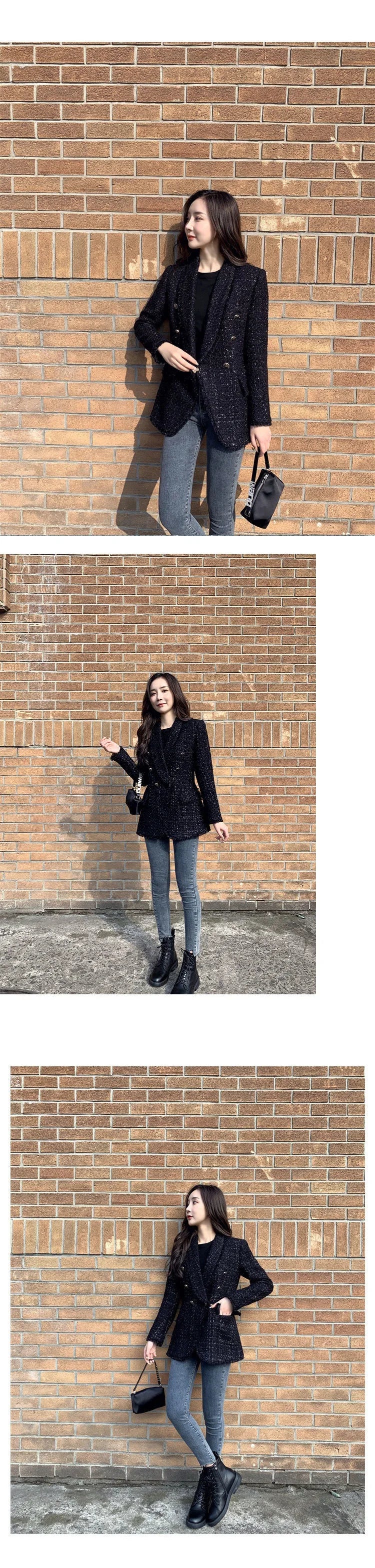 Winter Women Fashion Tweed Double Breasted Black Blazer Coat Vintage Long Sleeve Flap Pockets Female Outerwear Chic Suit Femme