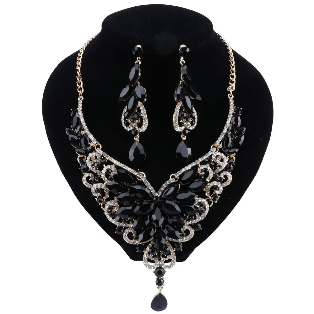 Women Bridal Crystal Rhinestone Choker Statement Gold Color Necklace Earrings Jewelry Set Gifts Fit With Wedding Party Dress