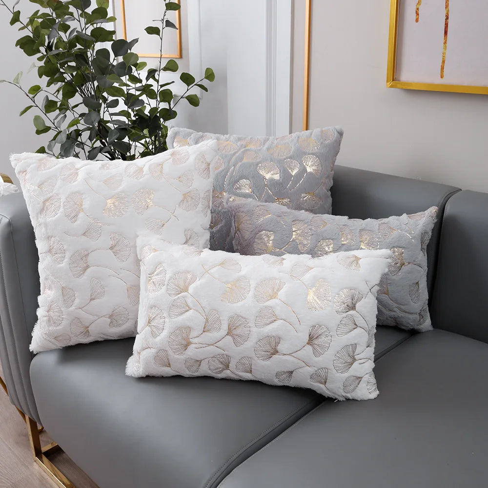 Golden Printed Ginkgo Leaf Pillow Cover 45*45cm 30*50cm Decorative Pillowcase for Living Room Luxury Plush Fur Cushion Covers
