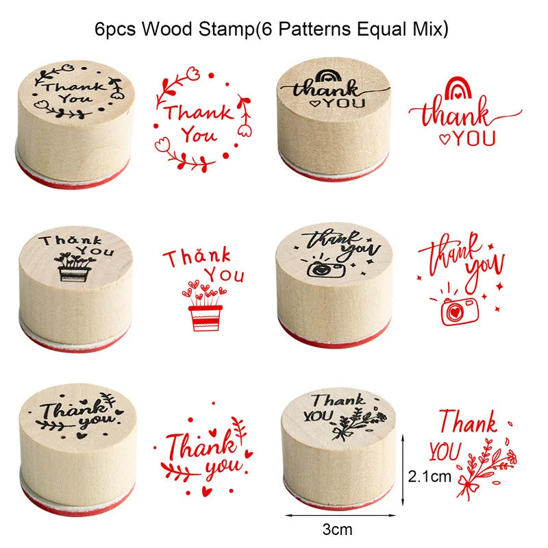 6pcs Thank You Wood Rubber Stamps Round Wooden Stamp DIY Craft Scrapbooking Stamping Birthday Party Christmas Wedding Decoration