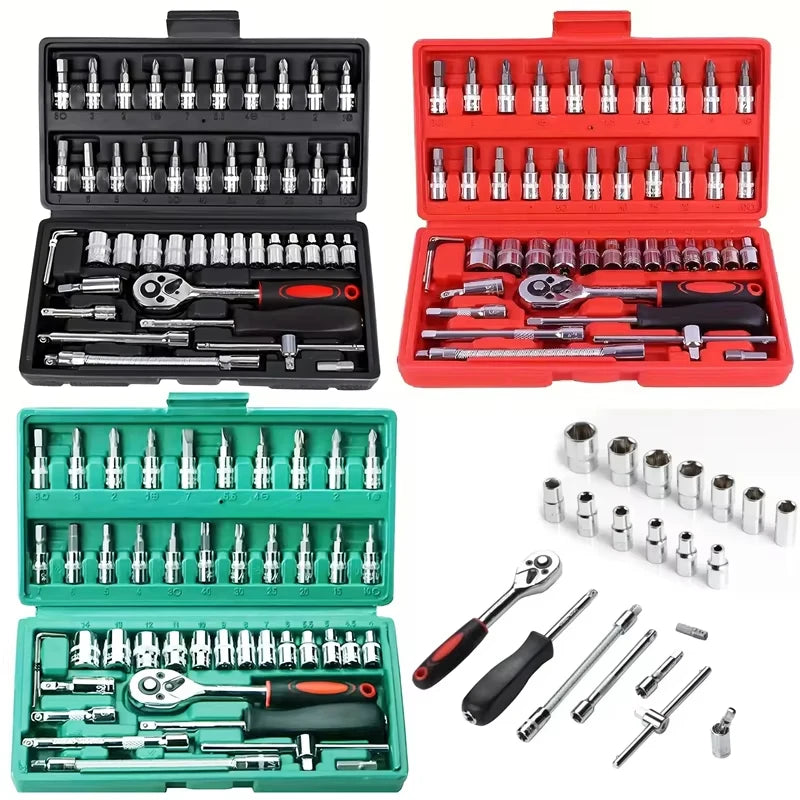 46pcs 1/4 Inch Drive Socket Ratchet Wrench Set Metric Extension Bar Auto Repairing Household Bit Socket Set Combination Tool
