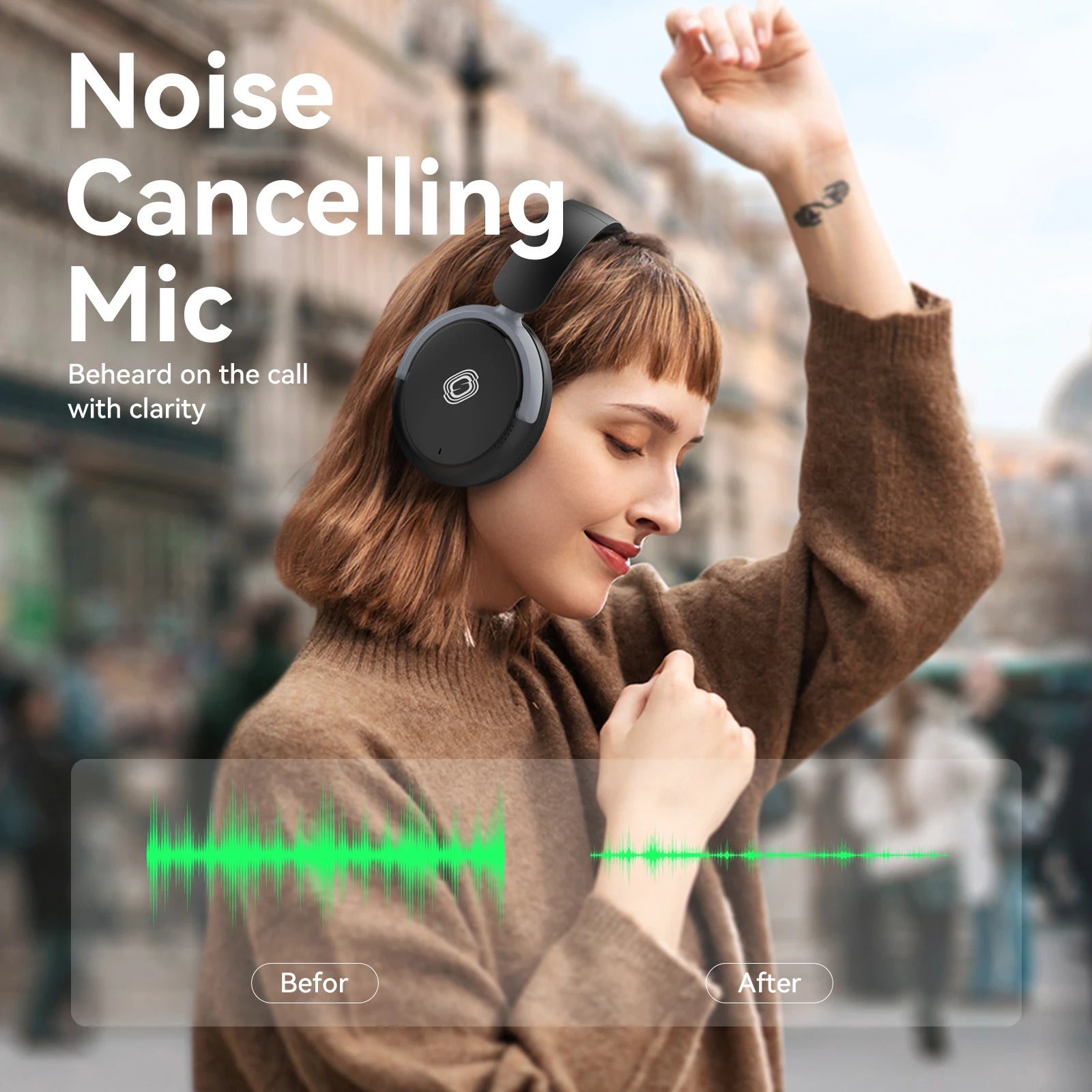 SADES Unbktom Foldable Hifi Stereo Anc Enc Noise Cancel Wireless Over Ear Headphones Bluetooth Headset With Adjustable Headband